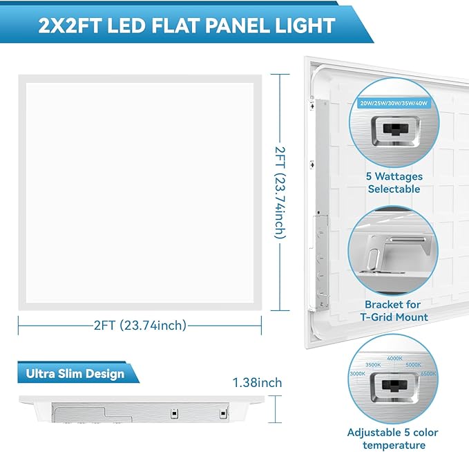 2x2 LED Flat Panel Light Drop Ceiling Office Fixture,5 CCT 3000K-6500K Adjustable & 5 Wattage Selectable, 0-10V Dimmable, 2X2 LED Flush Mount Ceiling Light,ETL Listed 8 Pack