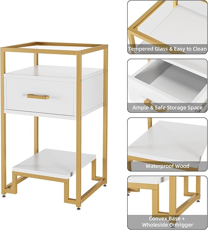GAOMON Nightstand Set of 2, End Table with Storage Drawer and 3-Tier Storage & Tempered Glass Top, Bedside Furniture with Steel Frame, Side Table for Bedroom, Dorm, Easy Assembly, White and Gold