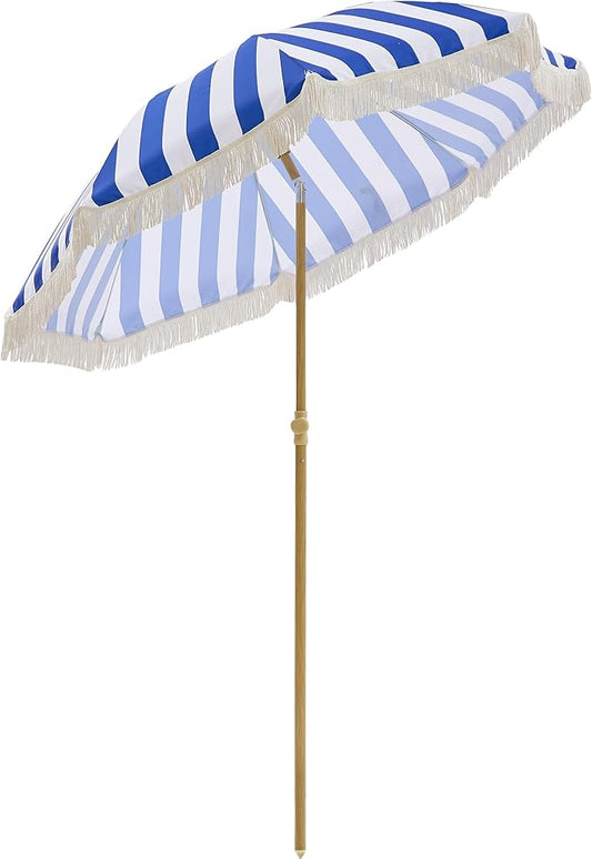 6.5FT Boho Patio Umberlla with Fringe,UPF50+ Outdoor Umbrella with Fiberglass Ribs and Push Button Tilt,Tassels Umbrella for Beach,Terrace,Picnic