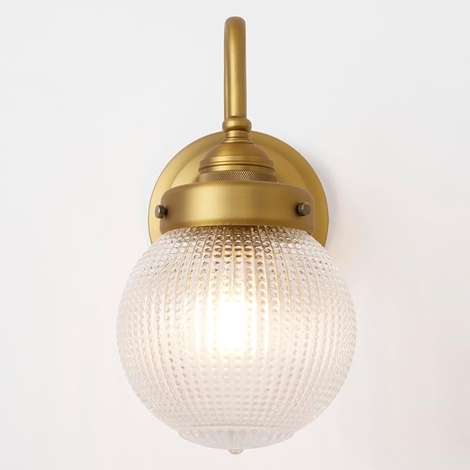 Curved Arm Wall Sconce Lighting with Clear Ribbed Glass Globe Shade, Vintage Brass Bathroom Wall Light Fixtures for Kitchen Living Room Bedroom Farmhouse