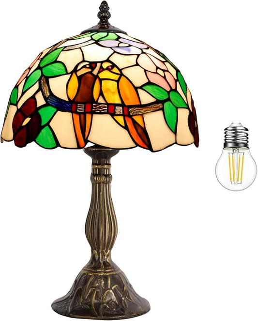 WERFACTORY Tiffany Table Lamp Stained Glass Bedside Lamp Double Tropical Birds Desk Reading Light 12X12X18 Inches Decor Bedroom Living Room Home Office S803 Series
