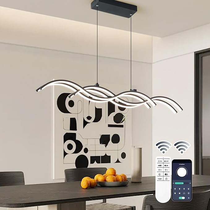 Modern LED Pendant Lights, Dimmable 39in Linear Wave LED Chandelier Lighting, Black Dining Room Hanging Light Fixtures Kitchen Island Linear Pendant Light for Dining Table (4200lm,Upgraded)