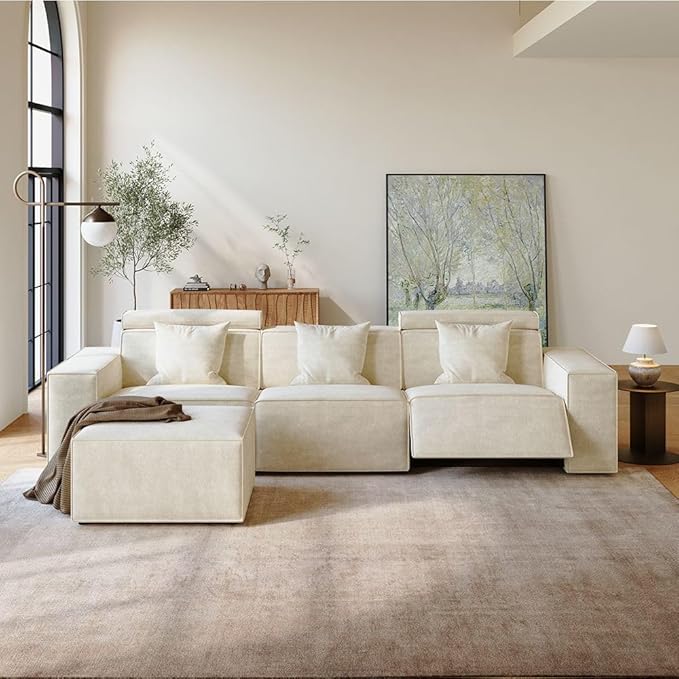115" Power Sofa,Modular Sectional Couches for Living Room,Modern Large Sofa with Recliners,Comfy Velvet Cloud Couch with Deep Seat with 1 Ottoman,Pet Friendly,Free Combination for Home(Beige)