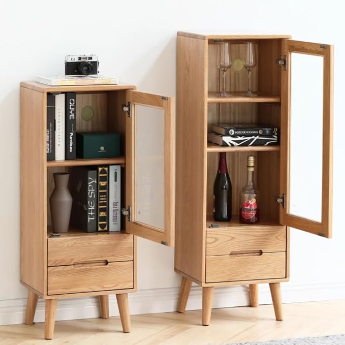 100% Solid Oak Storage Cabinet, Mid Century Modern Buffet Cabinet with Storage, Wooden Sideboard with Door and Adjustable Shelves for Living Room, Kitchen (14.96" W× 12.60" D× 47.24" H)
