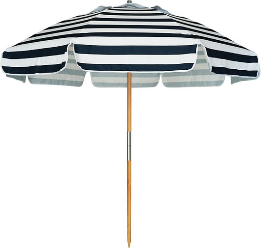 AMMSUN 7.5ft Heavy Duty HIGH Wind Beach Umbrella Commercial Grade Patio Beach Umbrella with Air Vent Ash Wood Pole & Carry Bag UPF50+ Protection Navy Stripe