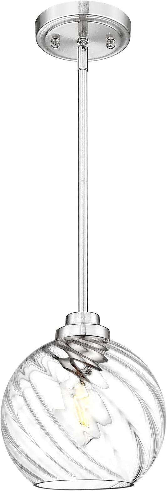 8 Inch Modern Farmhouse Pendant for Kitchen Island, Adjustable Height Hanging Fixture with Ribbed Glass, Brushed Nickel, Dining Room Entryway - PL101SBN-L