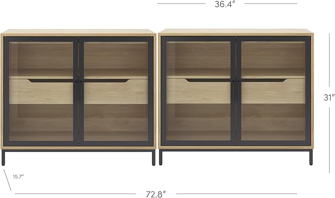 Nathan James Mackenna Metal and Glass Sideboard Accent Cabinet with Two Doors, Oak Credenza for Kitchen or Living Room Set of 2
