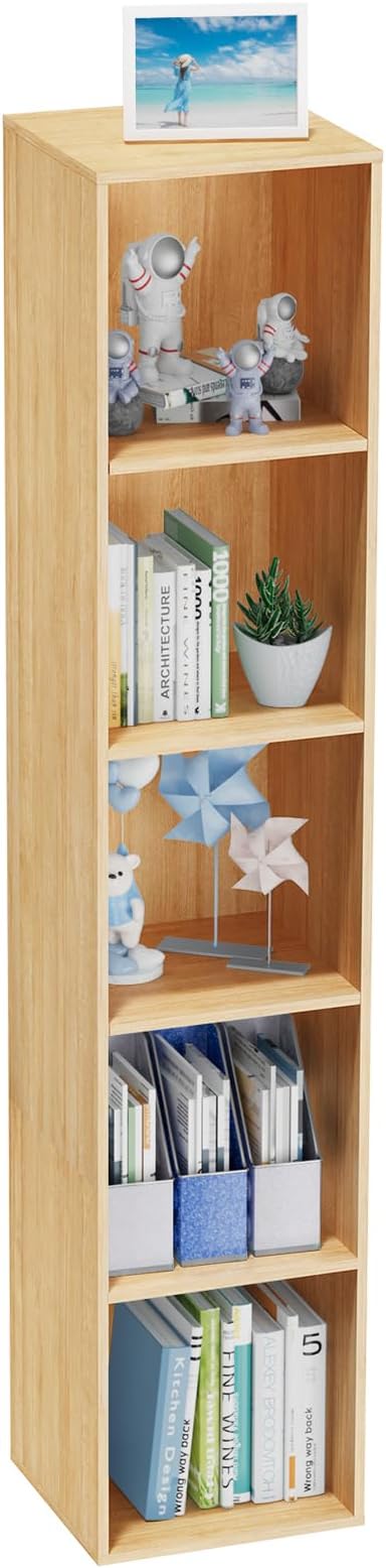 5 Tier Bookshelf, Open Tall Narrow Floor Standing Bookcase, Wooden Book Shelf Display Organizer for Home Office, Study (Oak, 5 Cube)