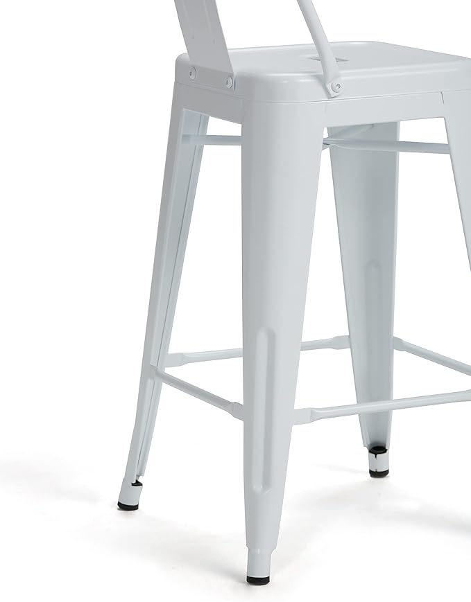 SIMPLIHOME Rayne Counter Stools (Set of 2) - 24 Inch Seat Height Metal Kitchen Seats in White, Industrial Seating for Dining Room or Kitchen with Curved Backrest and Footrest