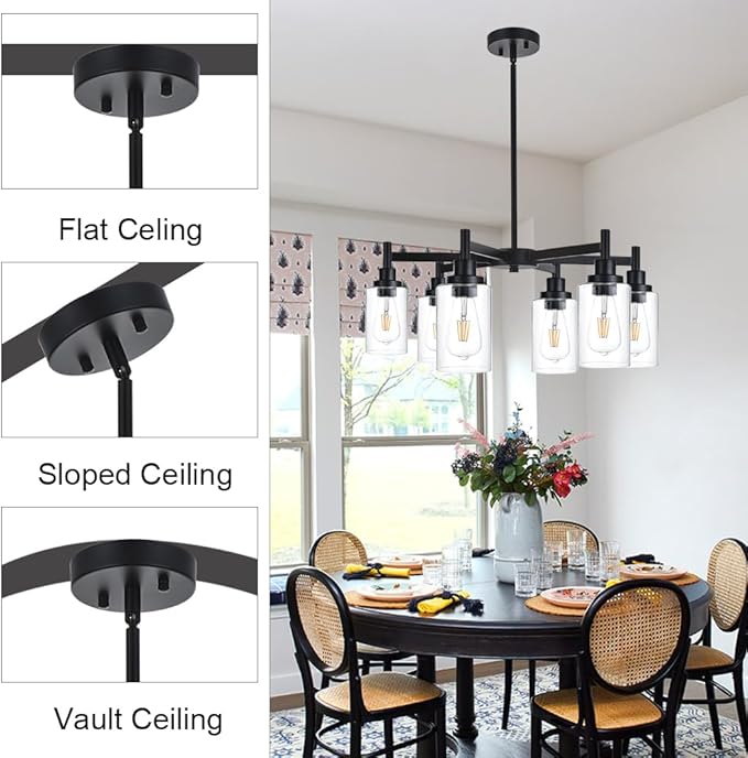 VINLUZ 6 Light Industrial Chandelier Black Pendant Lighting Hanging Fixture with Cylinder Clear Glass for Kitchen Bedroom Dining Room