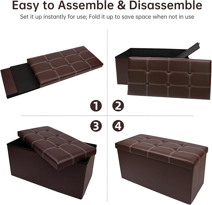 30 Inches Folding Storage Ottoman Bench, Faux Leather Footstool Ottoman, Storage Trunk Footrest for Bedroom, Living Room and Hallway, Support 350lbs, Brown (White line)