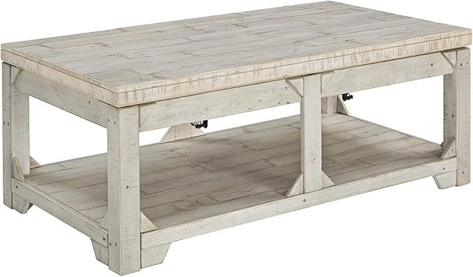 Signature Ashley Farmhouse Lift Top Coffee Table and End Table Set | Whitewash Weathered Finish