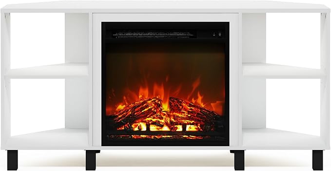 Furinno Jensen Corner Fireplace TV Stand with 4 Open Compartments for TV up to 55 Inches, Solid White