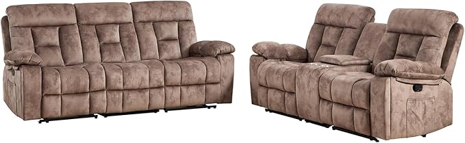 CANMOV Recliner Sofa Set, 3 Seat Recliner Sofa and Manual Loveseat with Overstuffed Armrest, Storage Console,Hidden Cup Holders, for Living Room, Camel-Brown
