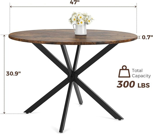 Unovivy 47 Inch Round Dining Table for 4,Space Saving Circle Dining Table with Pedestal Metal Frame,Farmhouse Wood Round Kitchen Table for Living & Dining Room,Rustic Brown