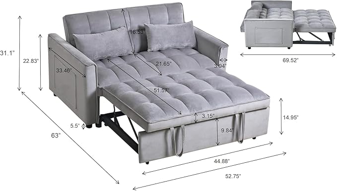 Convertible Sofa Bed, Love Seat Sleeper Bed with Side Pockets, 3 in 1 Velvet Fabric Pull Out Couch with Adjustable Backrest for Living Room, Bedroom, Apartment, Light Gray