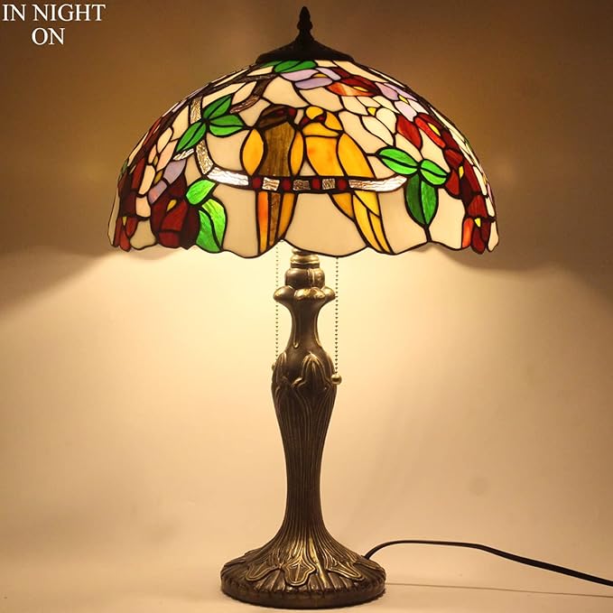 WERFACTORY Tiffany Style Table Lamp Double Birds Colorful Stained Glass Bedside Lamp 16X16X24 Inches Desk Light Metal Base Decor Bedroom Living Room Home Office S803 Series