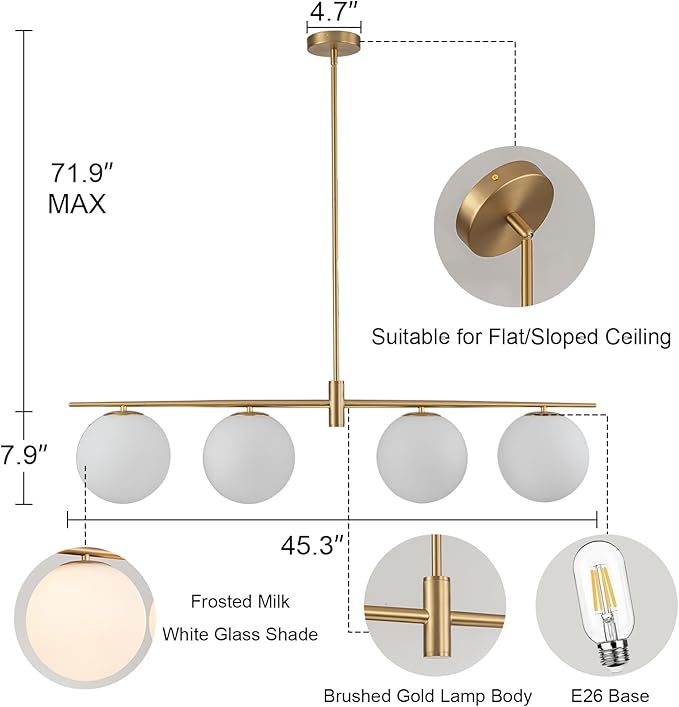 45.3" Modern Linear Chandelier 4-Lights Milk Glass Globe Linear Pendant Light Fixture Brushed Gold Mid Century Chandelier Kitchen Island Dining Room Light Fixture Over Table