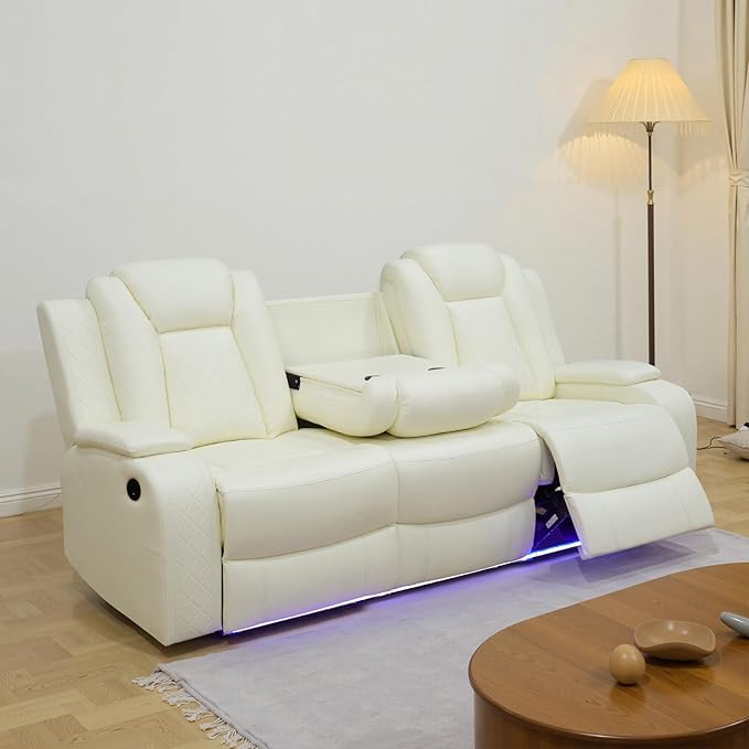 Power Recliner Sofa Set for Living Room, Leather Reclining Sofa Sets with Storage Console, Living Room Furniture Sets with LED Lights(Sofa,Creamy)
