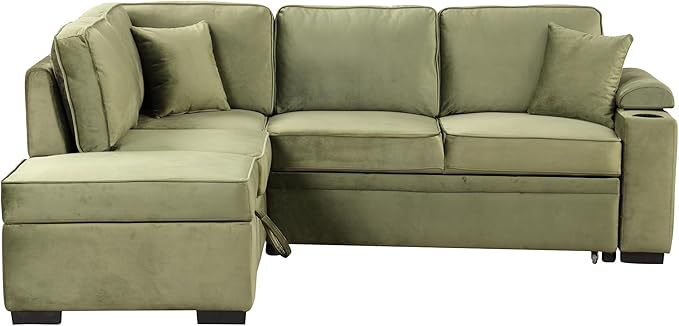 ERYE 84-Inch Left Facing Corner Sleeper Sectional Sofa with Pull Out Sleeper Couch Bed and Storage Ottoman,L-Shaped Corner Convertible Sofa Bed W/Cupholder & Padded Armrests | USB Charging Ports, 3-pin Plug Socket