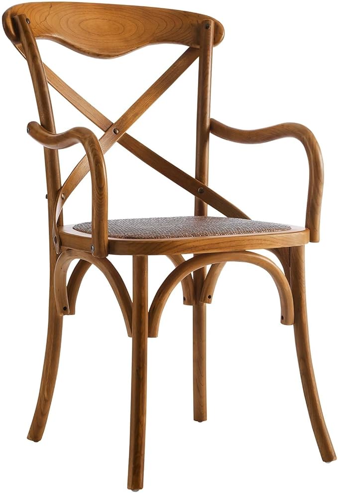 ModwayEEI-1538-WALGear Modern Farmhouse Cross Back Solid Elm Wood Dining Armchair With Rattan SeatFour Dining Chair SetWalnut