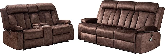 Electric Power Reclining Sofa Set - 3-Seater with Flip-Top Console & Massage Heat, Faux Leather Dual Recliner with USB Ports & Storage, Perfect for Living Room Comfort & Convenience (Brown)