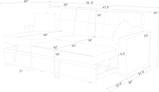 ERYE 76.5-inch Pull Out Sleeper Couch Bed, L-Shaped Reversible Sleeper Sectional Sofa Polyester Blend Tufted Upholstered Corner Convertible Sofa Bed with Storage Chaise