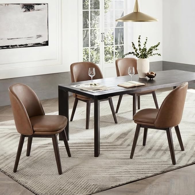Wooden Dining Chairs Set of 2, Faux Leather Upholstered Modern Dining Room Chairs with Double-Layer Thick Seat Cushion & Ergonomic Backrest for Restaurant, Kitchen and Café, Brown