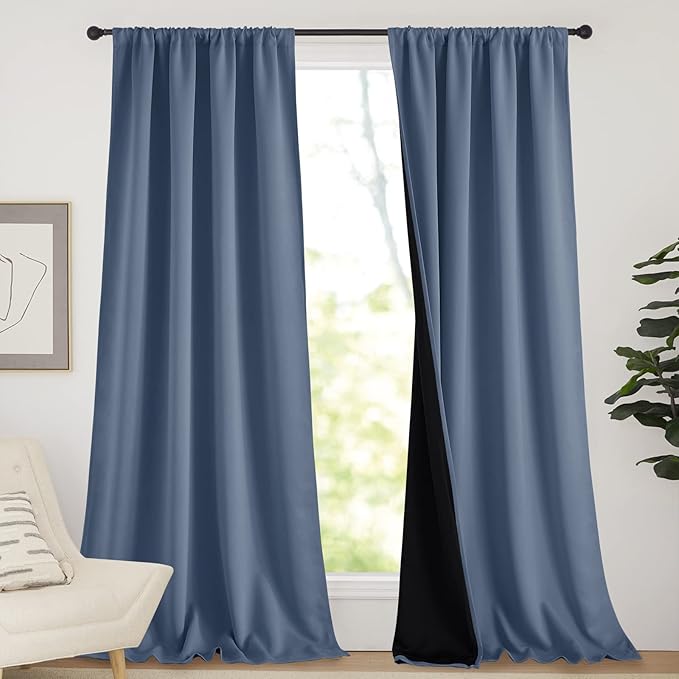 NICETOWN 100% Light Blocking Curtains, Sound Proof Drapes with Black Backing, Thermal Insulated Full Light Blocking Panels for Patio Sliding Door (Stone Blue, 1 Pair, 52 inches x 108 inches)