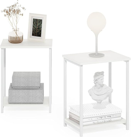 Furinno Simplistic Side Table Set of 2, 2-Tier Modern Metal Frame End Table with Open Shelf, Night Stand, Bedside Table, Easy Assembly, for Living Room, Bedroom, White