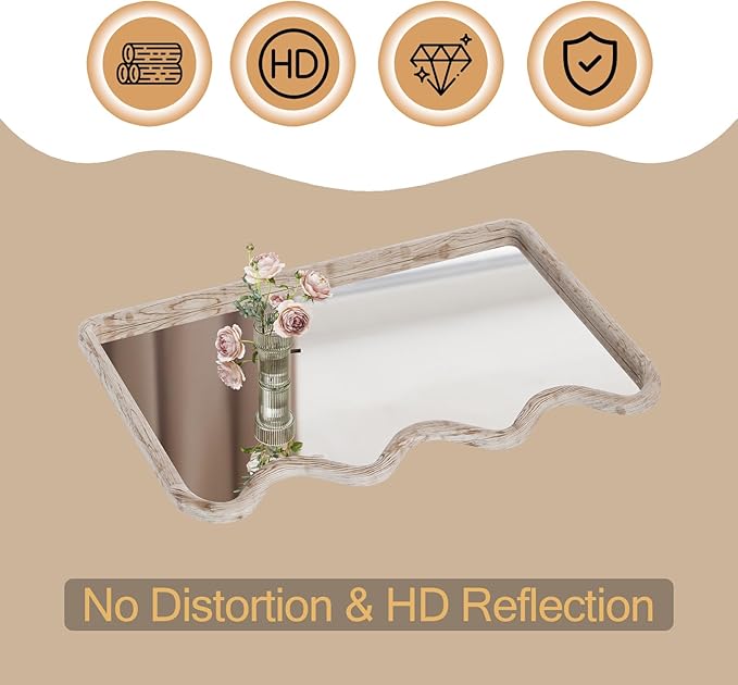 ULIKE Wavy Mirror for Wall, Rustic Wood Mirror for Bathroom Vanity, 24x36 Wooden Wall Mirrors Decorative for Bedroom, Living Room, Entryway, White