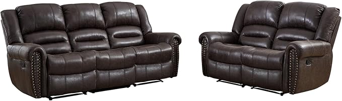 EBELLO Manual Recliner Sofa Set, Faux Leather Reclining Living Room Set, Included Loveseat Manual Recliner Sofa and 3 Seat Sofa, Vintage Rivet Mid-Century Design for Living Room, Dark Brown