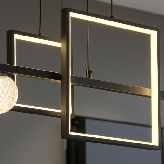 Modern LED Pendant Lights, 47in Dimmable Linear LED Chandelier Lighting, Square Black & Gold Dining Room Hanging Light Fixtures Kitchen Island Globe Pendant Light for Dining Table (4200lm)