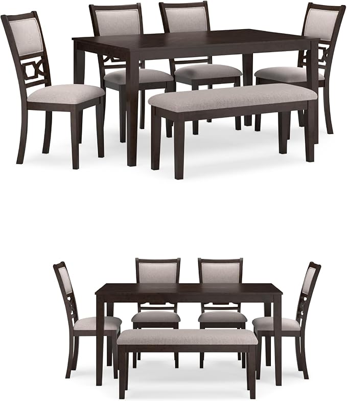 Signature Design by Ashley Langwest Classic Upholstered Dining Table and 4 Chairs and Bench, Set of 6, Dark Brown & Light Gray