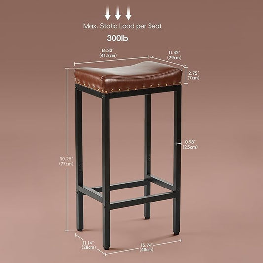 Counter Height Bar Stools Set of 2,30 Inch, Industrial Vintage Bar Stool with Nailhead, Faux Leather Barstool with Footrest, Saddle Stool for Kitchen Island, Dining Room, Easy Assembly