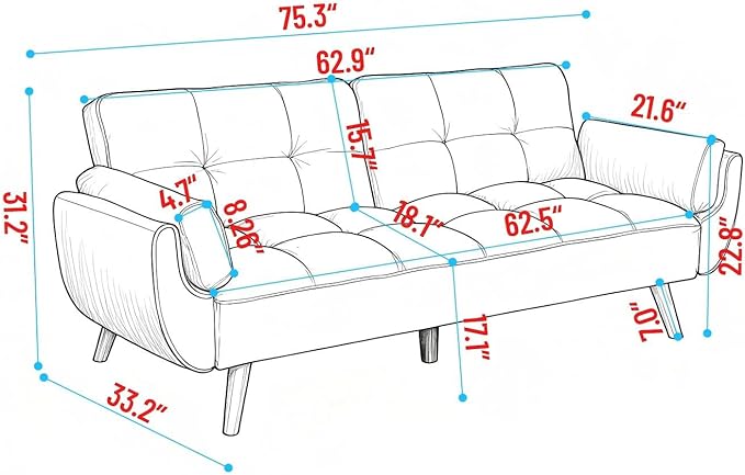 ERYE 75-Inch Linen Tufted Upholstered Futon Sofabed for Bedroom Living Room, Modern Convertible Futon Loveseat Sleeper Sofa Bed with Adjustable Backrest and Pillows | Easy to Assemble