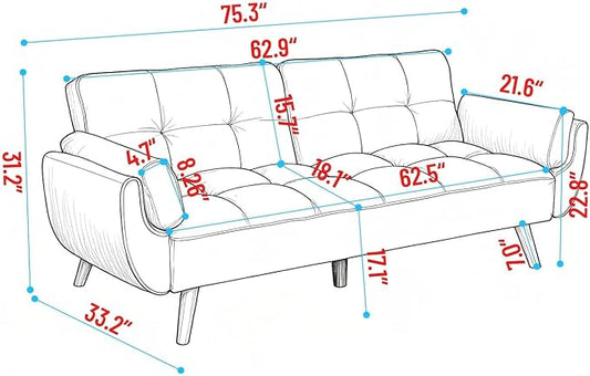 ERYE 75-Inch Linen Tufted Upholstered Futon Sofabed for Bedroom Living Room, Modern Convertible Futon Loveseat Sleeper Sofa Bed with Adjustable Backrest and Pillows | Easy to Assemble