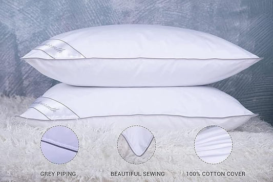 Goose Feather Down Bed Pillow for Sleeping 2 Pack,100% Cotton Cover Medium Firm Queen Size Set of 2 Gussted White