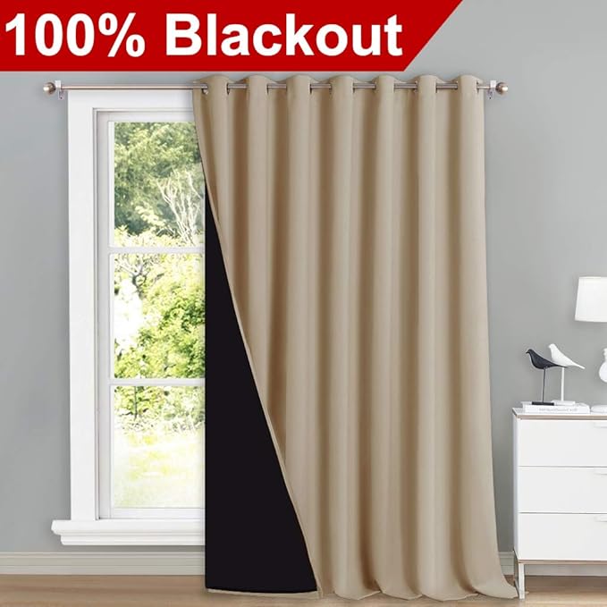 NICETOWN Noise Reducing Room Divider Curtains, Thermal Insulated 100% Blackout Curtain for Office, Slider Panel with Black Lining, Patio Door Drapery (1 PC, 100 inches x 108 inches, Biscotti Beige)