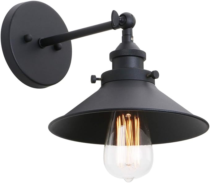 Phansthy Industrial Wall Sconce Light 8.1 Inches Metal Lampshade Vintage Style 1-Light Wall Light 180 Degree Adjustable Lighting Direction (Black)
