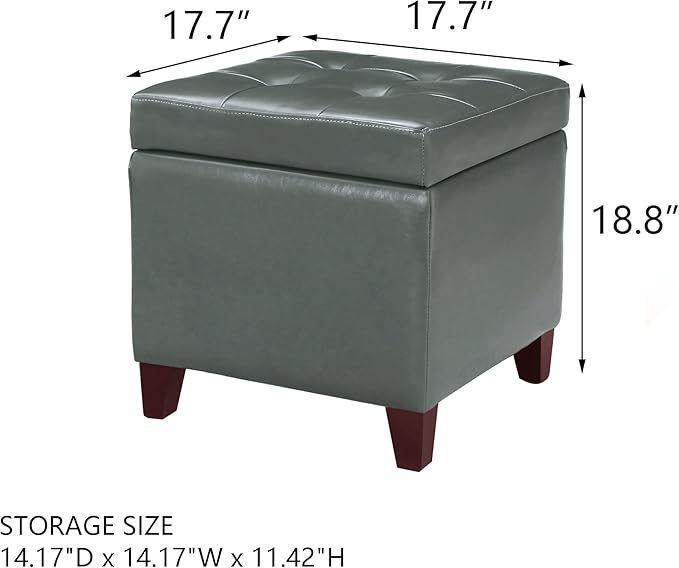 Adeco 18" Square Storage Ottoman with Hinged Lid, Waterproof Faux Leather Tufted Footstool, Sturdy Cube Seat for Living Room, Bedroom & Entryway, Supports 250lbs, Cement Grey