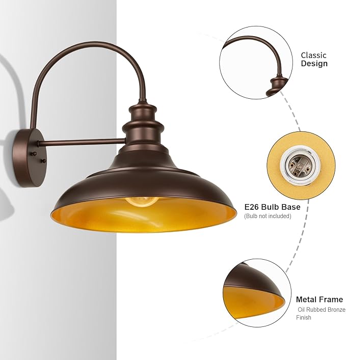 Outdoor Barn Light Fixtures, 16 Inch Large Dome Farmhouse Exterior Wall Mount Lights, Rustic Wall Sconces Indoor Wall Lighting, Industrial Bronze Gold Lanterns for Porch, Garage,2 Pack