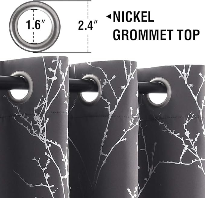 H.VERSAILTEX Blackout Curtains for Bedroom Foil Print Twig Tree Branch Thermal Insulated Grommet Curtains Light Blocking Thick Soft Window Curtains for Living 52 x 96 Inch, 2 Panels, Charcoal Gray