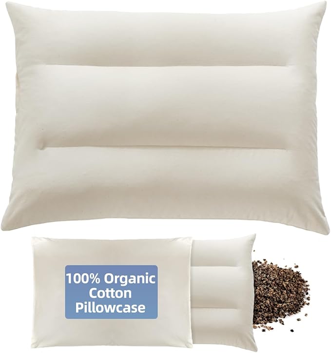 Buckwheat Pillow with Organic Cotton Pillowcase - 20''x26'' Organic Buckwheat Pillow with Baffle Box for Support, Adjustable Tartary Buckwheat Hull Pillows, Organic Buckwheat Neck Pillows