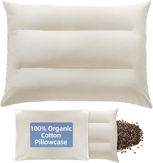 Buckwheat Pillow with Organic Cotton Pillowcase - 20''x26'' Organic Buckwheat Pillow with Baffle Box for Support, Adjustable Tartary Buckwheat Hull Pillows, Organic Buckwheat Neck Pillows