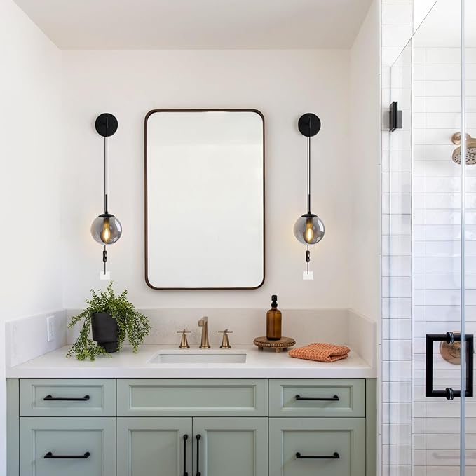 Wall Sconces Set of Two Matte Black Wall Lights for Bedroom Plug in Wall Sconces Set of 2 with Globe Smoke Grey Glass Shade Wall Lamp with Plug in Cord Sconces Wall Decor Set of 2 with Switch