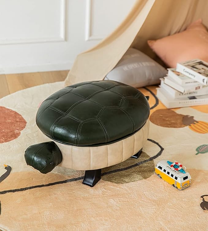 Animal Ottoman Footstool, Turtle Sofa Stool, PU Leather Upholstered Wood Ottoman Foot Stool (Color : Dark Green-S)