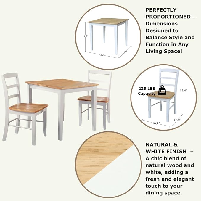 Dining Table Set with 2 Ladderback Chairs Solid Wood Parawood Kitchen/Dining Furniture, Table 30"W x 30"D x 30"H, Chairs 18.1"H x 19.3"D x 35.2"H, Seat 18"W x 18.11"D x 16.34"H