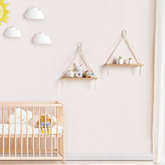Dahey Macrame Hanging Shelf Boho Wall Decor Bedroom 2 Packs Rustic Wood Floating Shelves for Room Nursery Bathroom Living Room College Dorm Storage for Hanging Plants Photos, White
