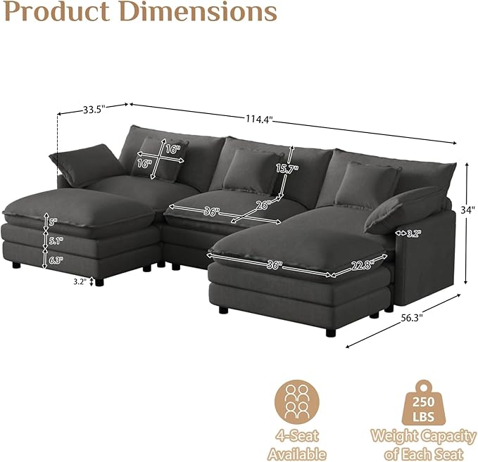 114" U Shaped Cloud Couch Sectionals Oversized Sectional Couches for Living Room Modular Couch, Large Velvet Cloud Sofa with Movable Ottoman, Grey